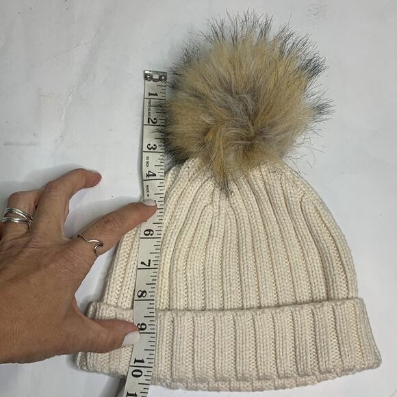 J Crew Cream Ribbed Knit Cream beanie with faux-fur pom-pom Hat - Picture 7 of 8